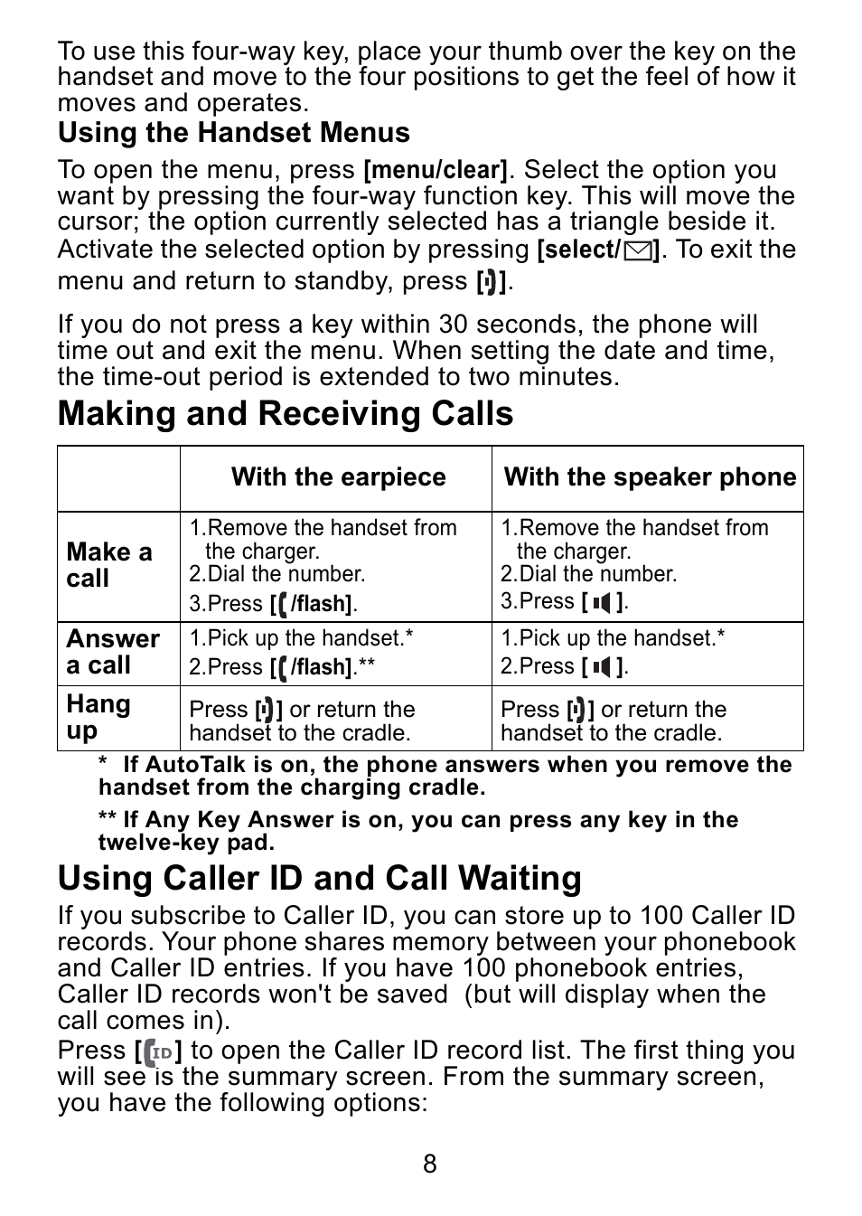 Using the handset menus, Making and receiving calls, Using caller id and call waiting | Uniden DCX730 Series User Manual | Page 9 / 20