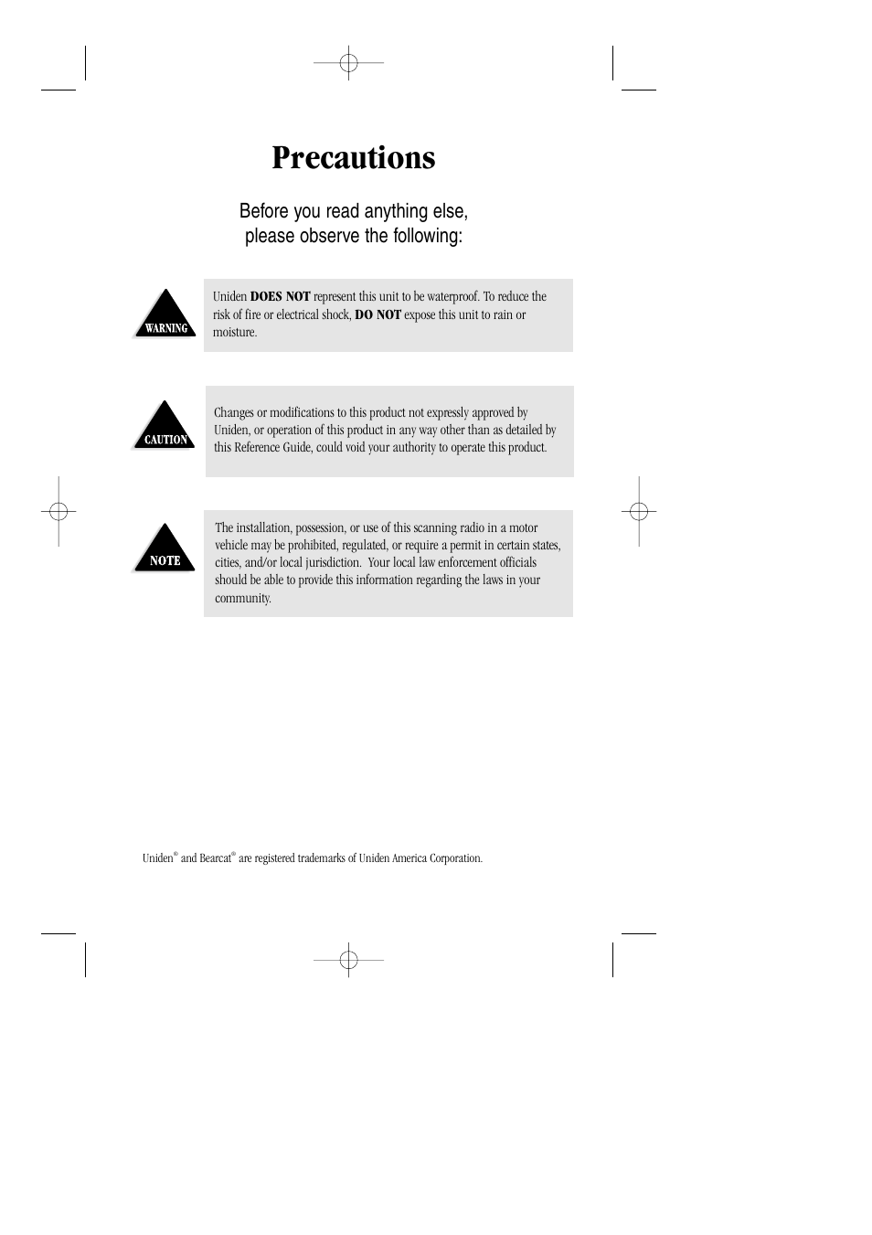 Precautions | Uniden BC 278CLT User Manual | Page 2 / 44