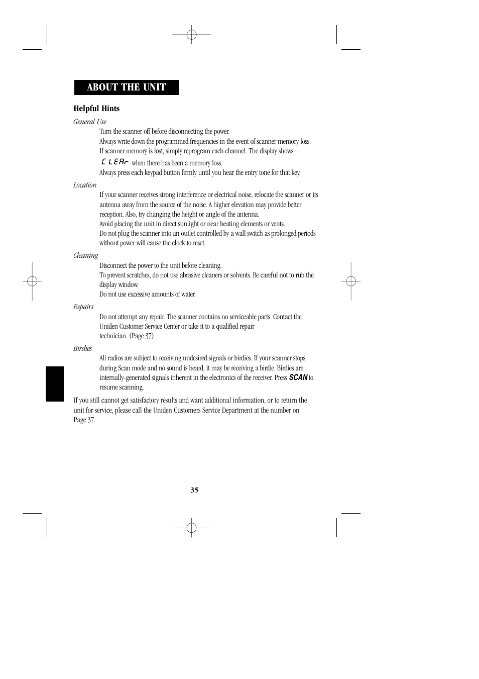 About the unit | Uniden BC 278CLT User Manual | Page 38 / 44