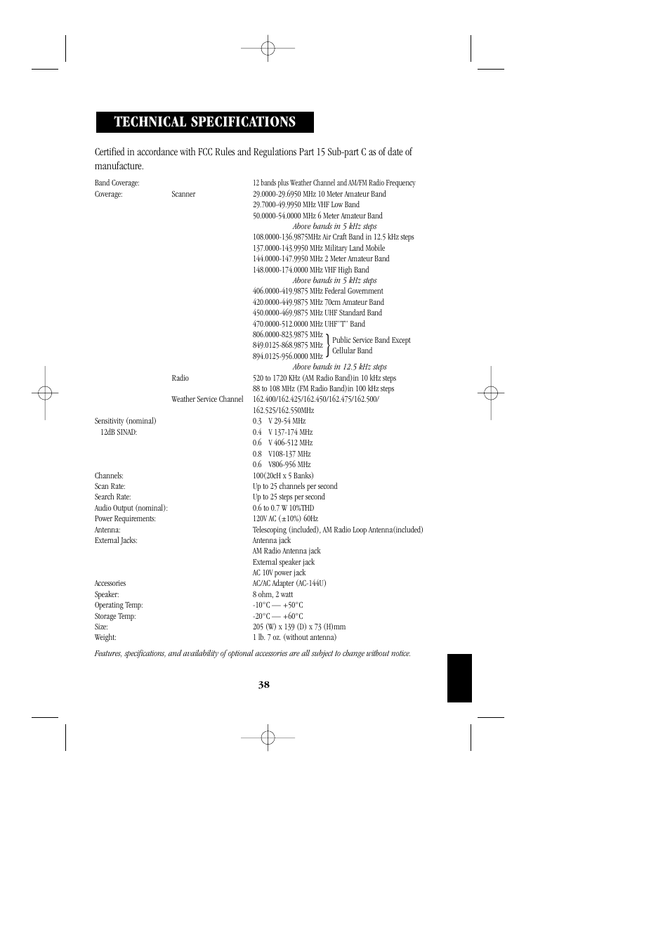 Technical specifications | Uniden BC 278CLT User Manual | Page 41 / 44