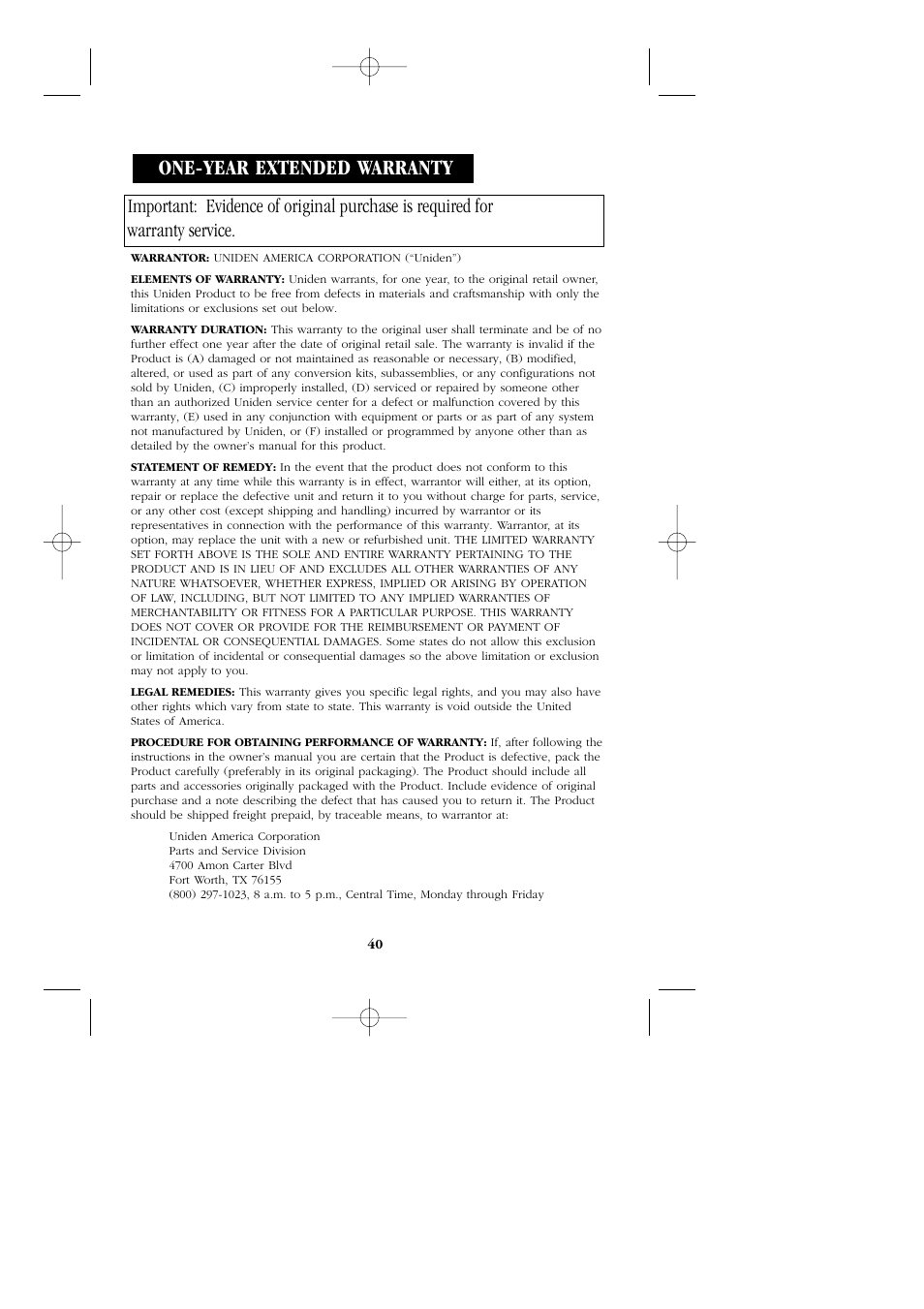 One-year extended warranty | Uniden BC 278CLT User Manual | Page 43 / 44