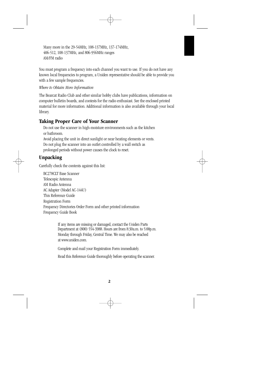 Taking proper care of your scanner, Unpacking | Uniden BC 278CLT User Manual | Page 5 / 44