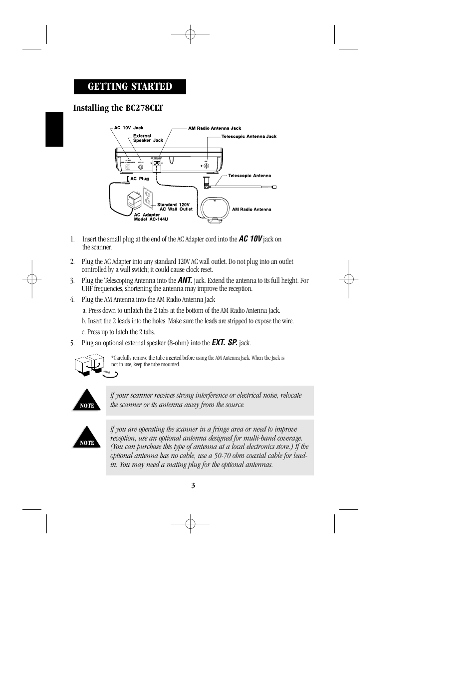 Getting started, Installing the bc278clt | Uniden BC 278CLT User Manual | Page 6 / 44