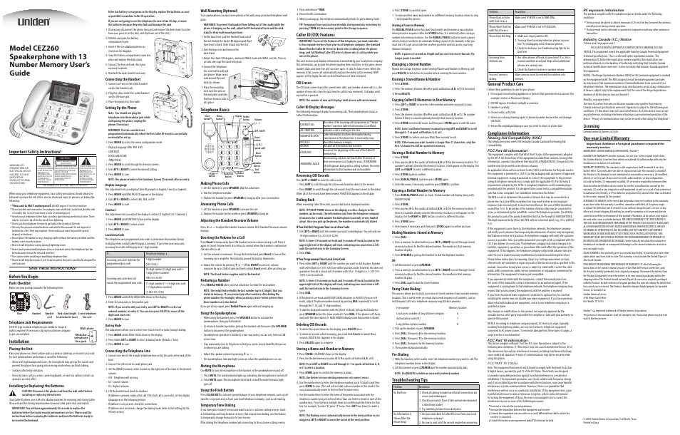 Uniden CEZ260 User Manual | 1 page