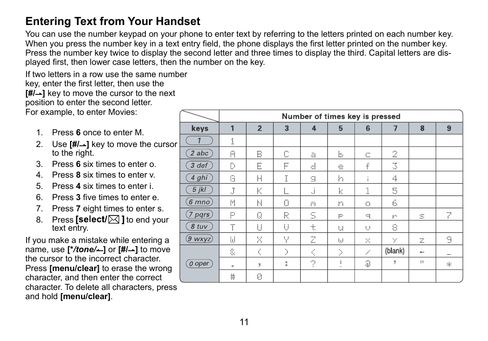 Entering text from your handset, Entering.text.from.your.handset | Uniden DCT736 User Manual | Page 11 / 56
