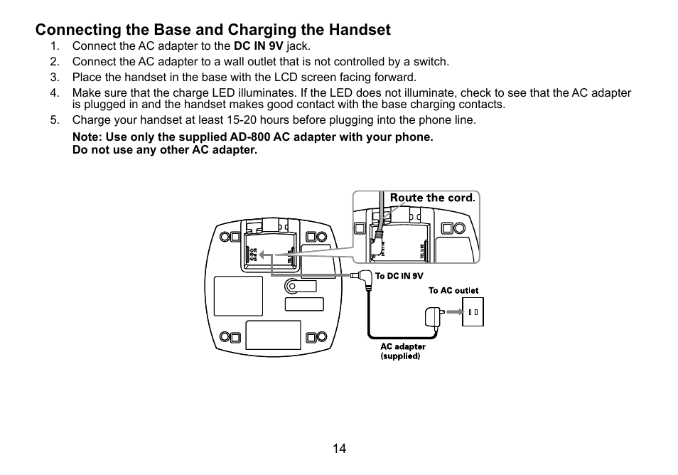 Connecting the base and chargi.ng the handset, Connecting.the.base, And.charging.the.handset | Connecting.the.base.and.charging.the.handset | Uniden DCT736 User Manual | Page 14 / 56