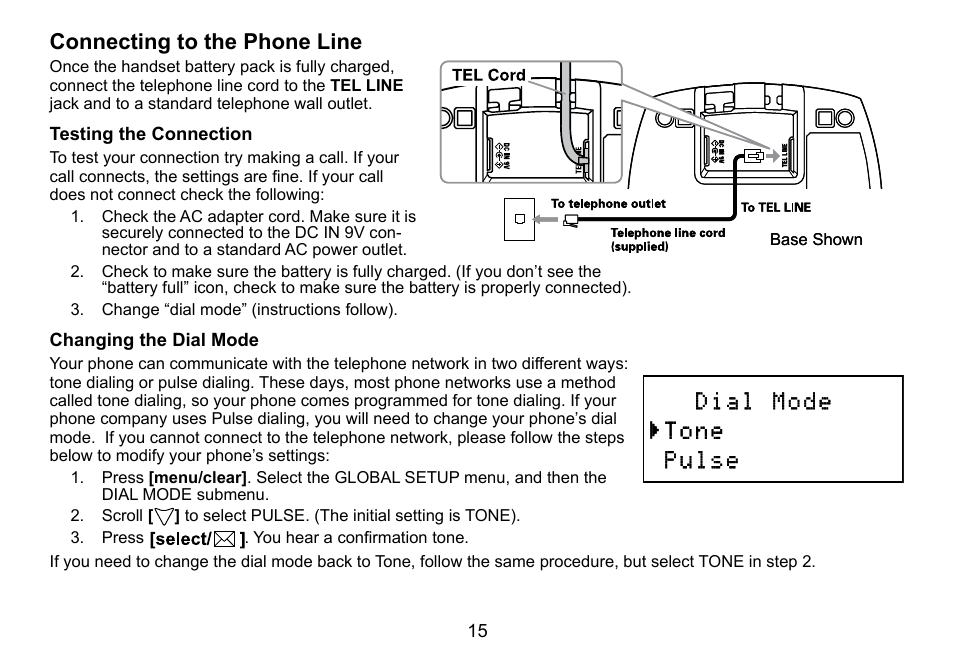 Connecting to the phone line, Testing the connection, Changing the dial mode | Connecting.to.the.phone.line, Testing.the.connection changing.the.dial.mode | Uniden DCT736 User Manual | Page 15 / 56