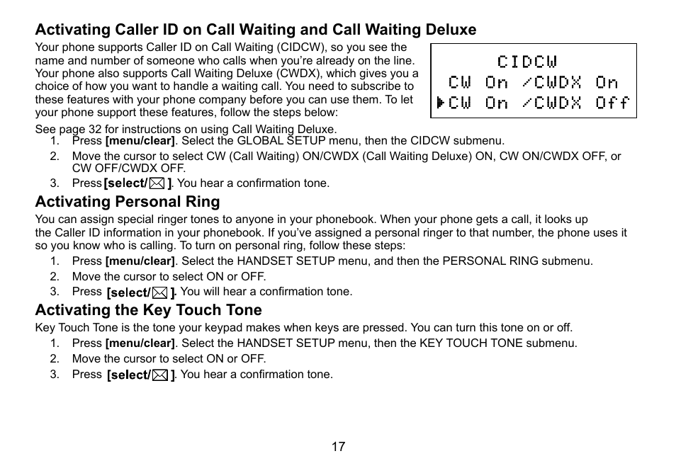 Activating personal ring, Activating the key touch tone, Activating.caller.id.on.call.waiting | And.call.waiting.deluxe, Activating.personal.ring, Activating.the.key.touch.tone | Uniden DCT736 User Manual | Page 17 / 56