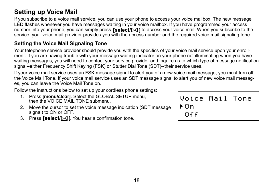 Setting up voice mail, Setting the voice mail signaling tone, Setting.up.voice.mail | Setting.the.voice.mail.signaling.tone | Uniden DCT736 User Manual | Page 18 / 56