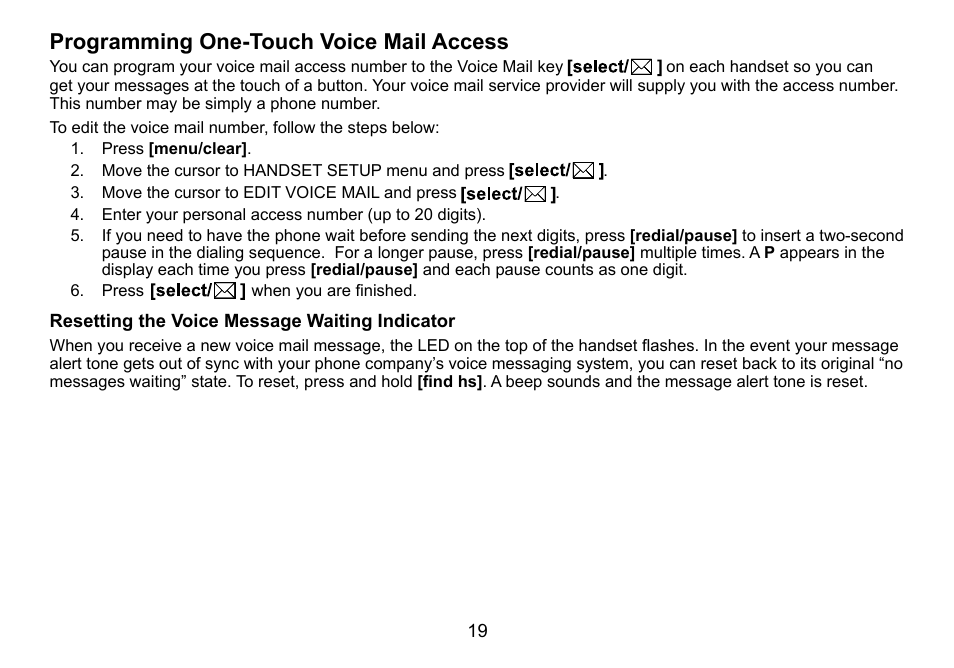 Programming one-touch voice mail access, Resetting the voice message waiting indicator, Programming.one-touch.voice.mail.access | Resetting.the.voice, Message.waiting.indicator | Uniden DCT736 User Manual | Page 19 / 56