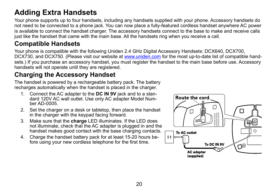 Adding extra handsets, Compatible handsets, Charging the accessory handset | Adding.extra.handsets, Compatible.handsets, Charging.the.accessory.handset | Uniden DCT736 User Manual | Page 20 / 56