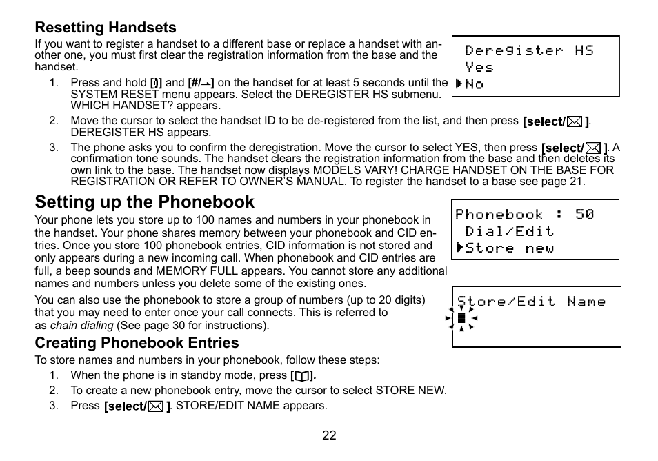 Resetting handsets, Setting up the phonebook, Creating phonebook entries | Resetting.handsets, Setting.up.the.phonebook, Creating.phonebook.entries | Uniden DCT736 User Manual | Page 22 / 56