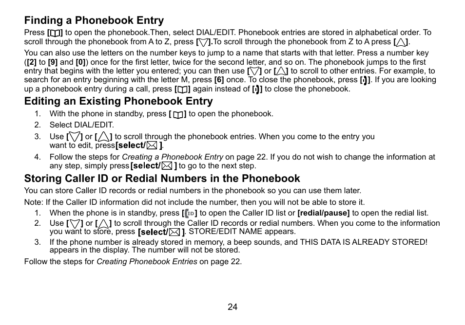 Finding a phonebook entry, Editing an existing phonebook entry, Finding.a.phonebook.entry | Editing.an.existing.phonebook.entry | Uniden DCT736 User Manual | Page 24 / 56