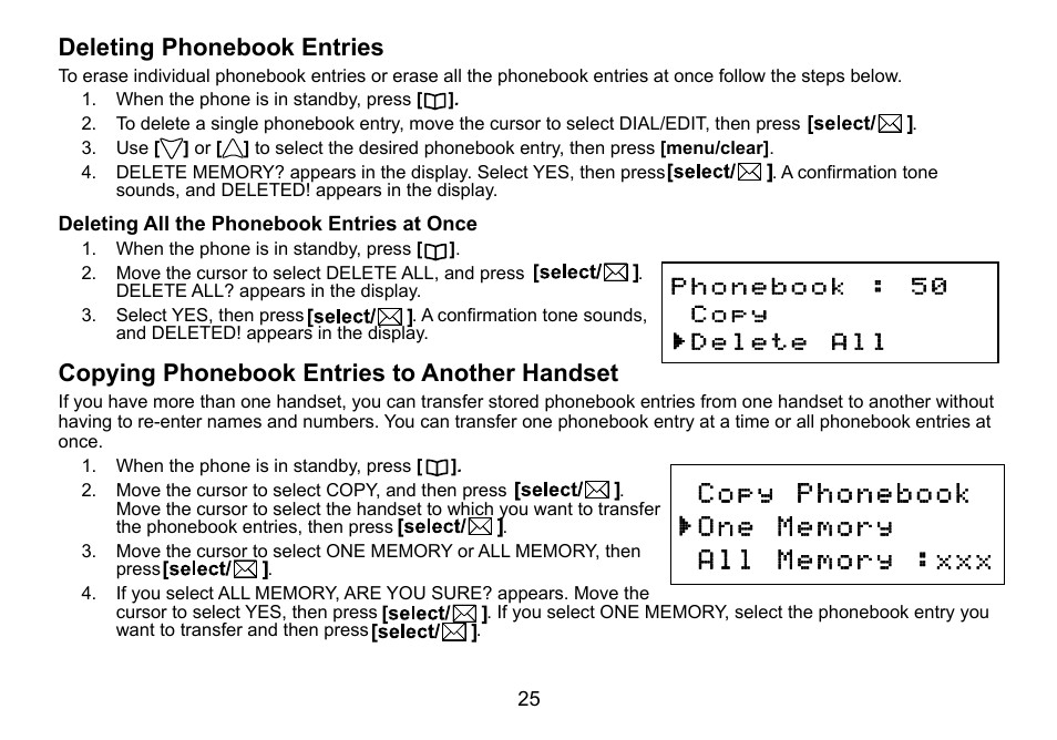 Deleting phonebook entries, Deleting all the phonebook entries at once, Copying phonebook entries to another handset | Copying.phonebook.entries, Deleting.phonebook.entries, Copying.phonebook.entries.to.another.handset | Uniden DCT736 User Manual | Page 25 / 56