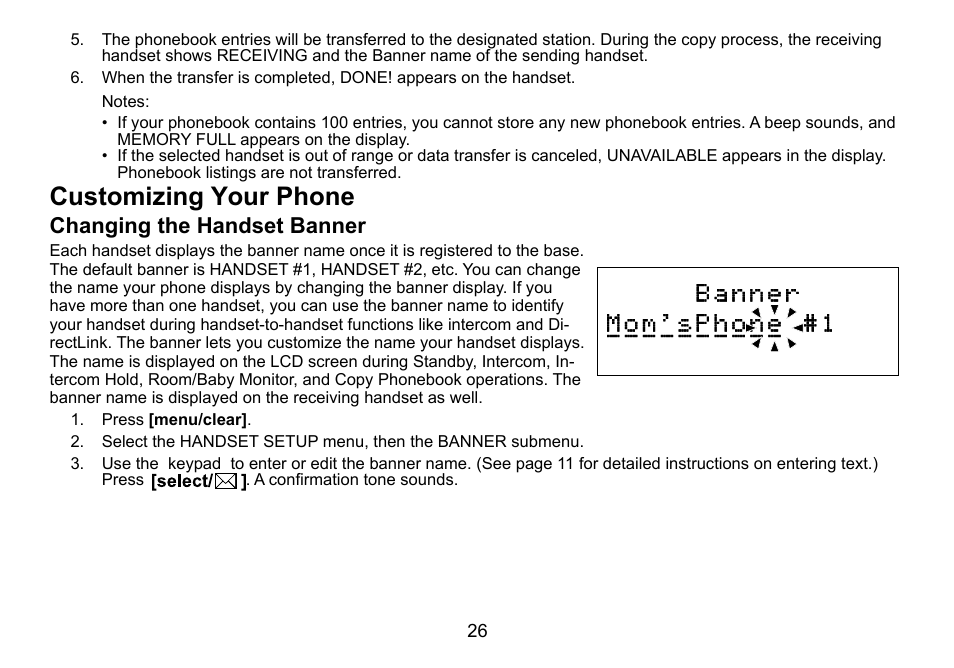 Customizing your phone, Changing the handset banner, Customizing.your.phone | Changing.the.handset.banner | Uniden DCT736 User Manual | Page 26 / 56