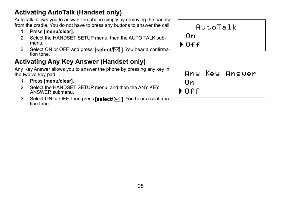Activating autotalk (handset only), Activating any key answer (handset only), Activating.autotalk.(handset.only) | Activating.any.key.answer.(handset.only) | Uniden DCT736 User Manual | Page 28 / 56