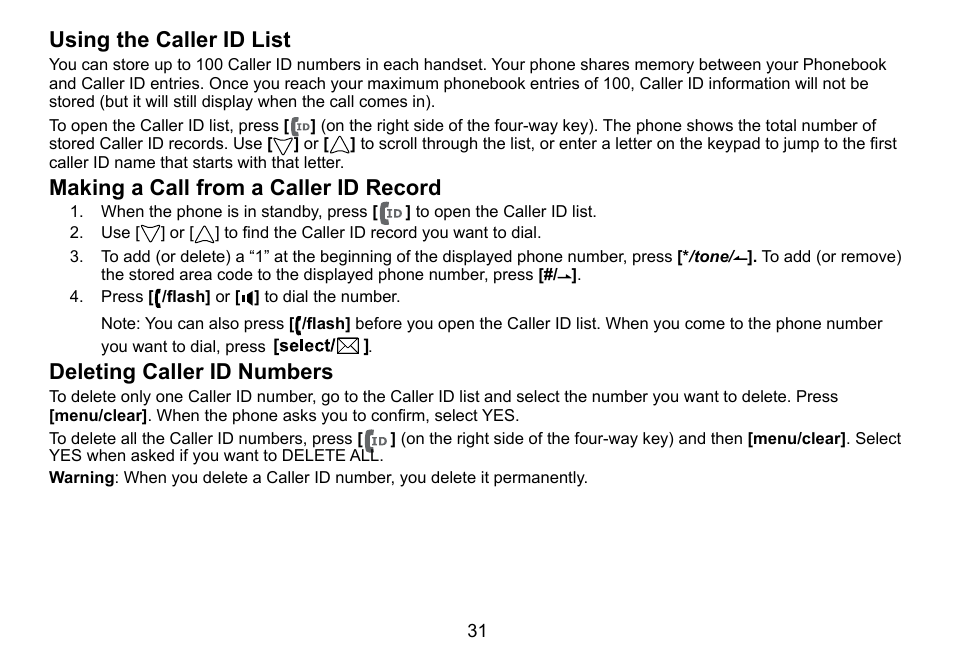 Using the caller id list, Making a call from a caller id record, Deleting caller id numbers | Using.the.caller.id.list, Making.a.call.from.a.caller.id.record, Deleting.caller.id.numbers | Uniden DCT736 User Manual | Page 31 / 56