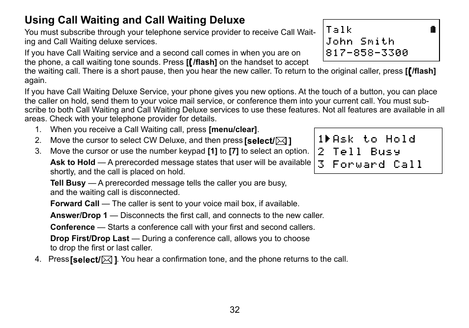 Using call waiting and call waiting deluxe, Using.call.waiting.and.call.waiting.deluxe | Uniden DCT736 User Manual | Page 32 / 56