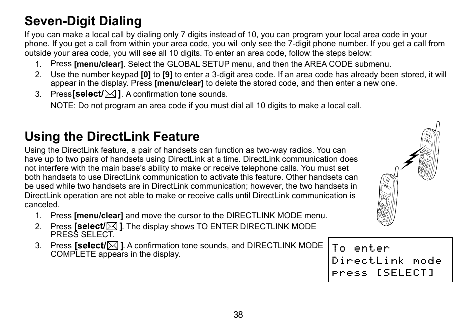 Seven-digit dialing, Using the directlink feature, Seven-digit.dialing using.the.directlink.feature | Seven-digit.dialing, Using.the.directlink.feature | Uniden DCT736 User Manual | Page 38 / 56