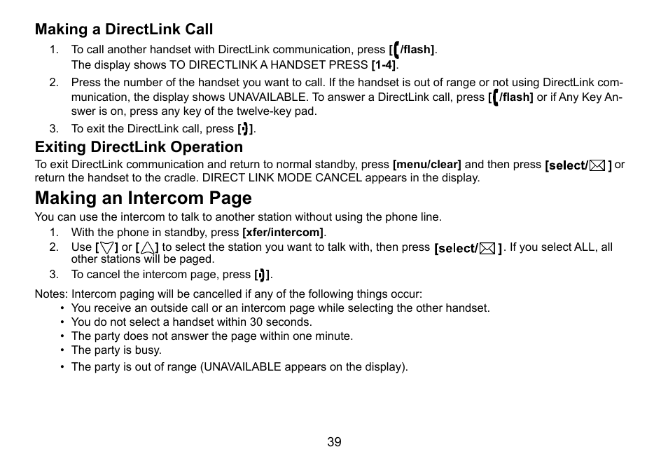 Making a directlink call, Exiting directlink operation, Making.an.intercom.page | Making.a.directlink.call, Exiting.directlink.operation | Uniden DCT736 User Manual | Page 39 / 56