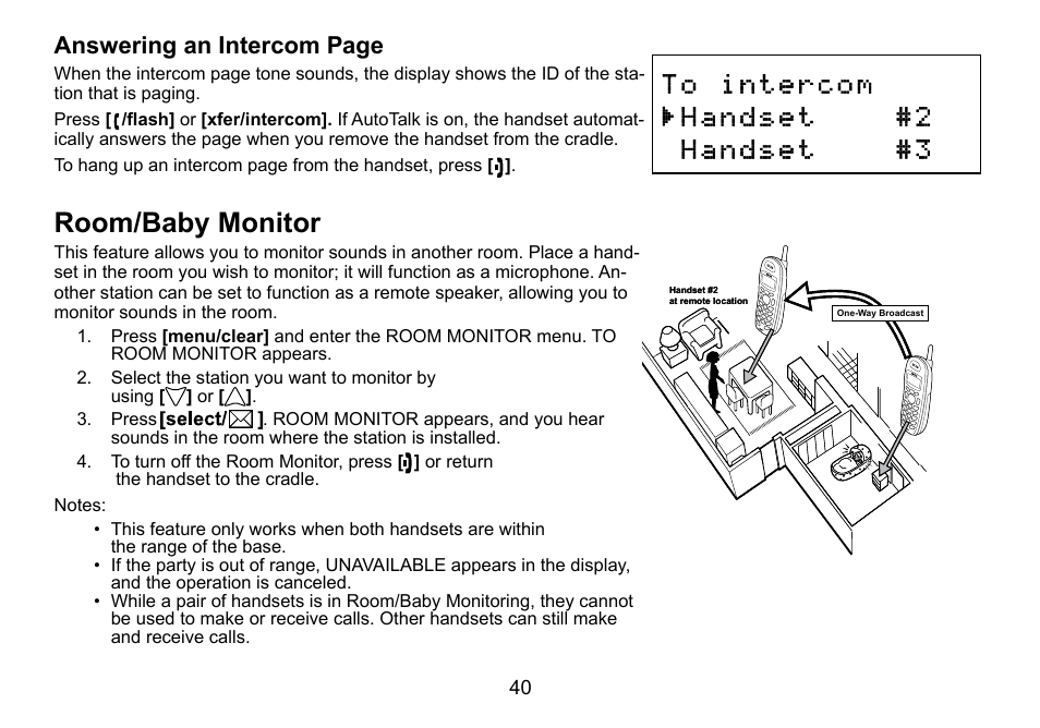 Room/baby monitor, Room/baby.monitor, Answering.an.intercom.page | Uniden DCT736 User Manual | Page 40 / 56