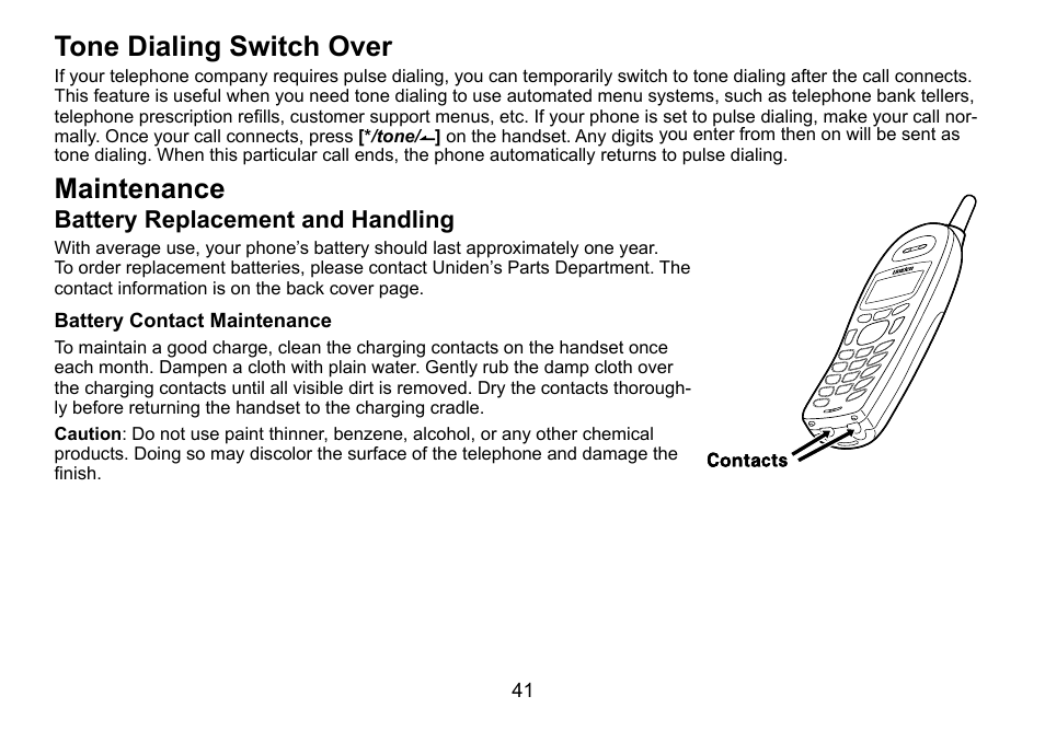 Tone dialing switch over, Maintenance, Battery replacement and handling | Battery contact maintenance, Tone.dialing.switch.over maintenance, Battery.replacement.and.handling, Battery.contact.maintenance, Tone.dialing.switch.over | Uniden DCT736 User Manual | Page 41 / 56