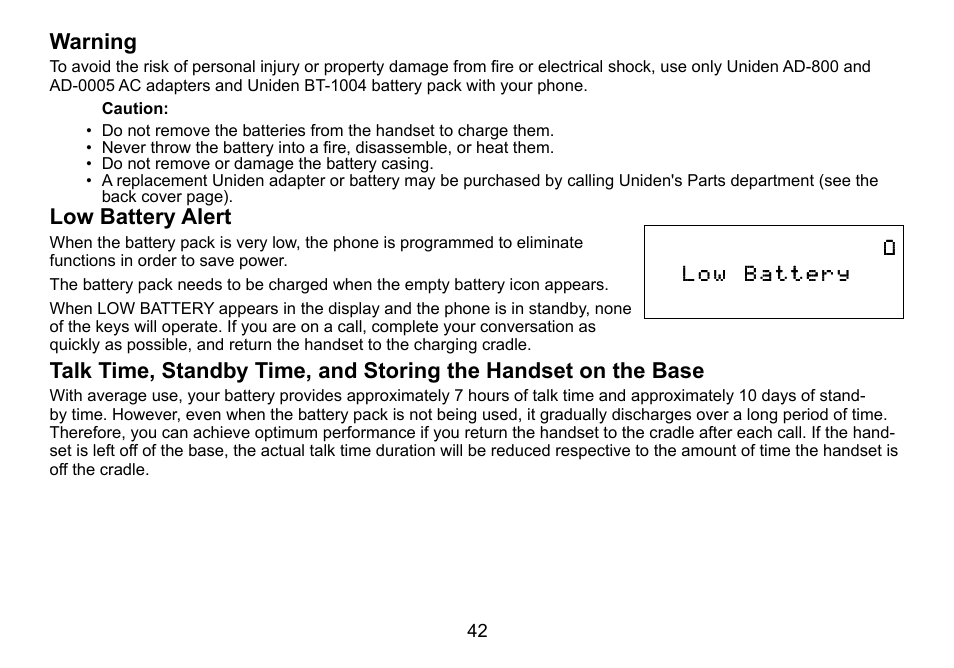 Warning, Low battery alert, Low.battery.alert  talk.time,.standby.time,.and | Storing.the.handset.on.the.base, Low.battery.alert | Uniden DCT736 User Manual | Page 42 / 56