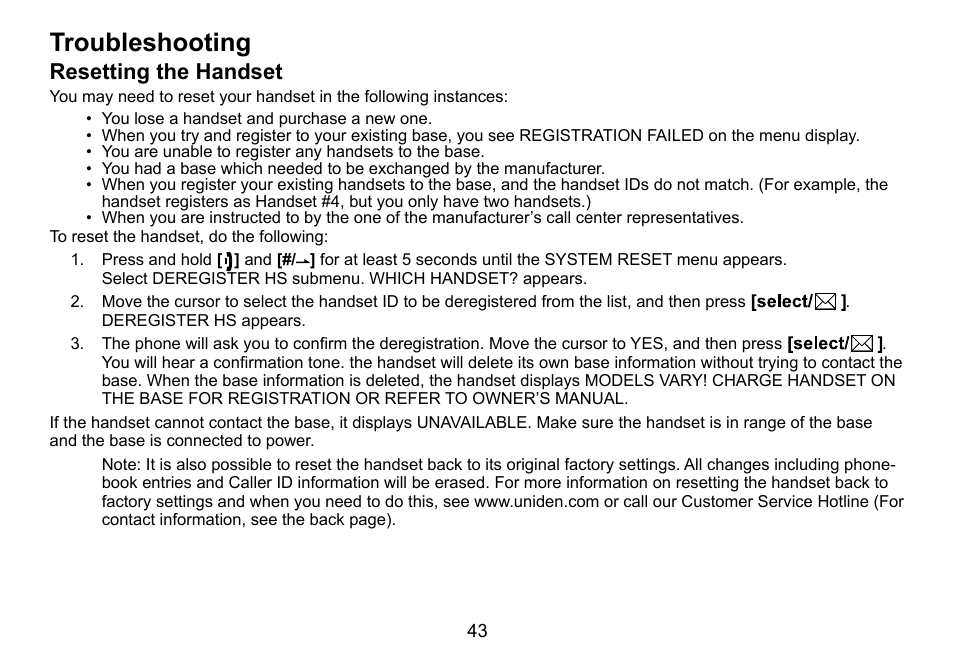 Troubleshooting, Resetting the handset, Resetting.the.handset | Uniden DCT736 User Manual | Page 43 / 56