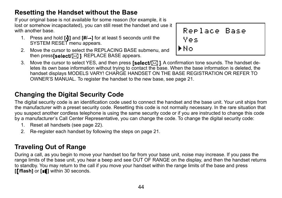 Resetting the handset without the base, Changing the digital security code, Traveling out of range | Changing.the.digital.security.code, Traveling.out.of.range, Resetting.the.handset.without.the.base | Uniden DCT736 User Manual | Page 44 / 56