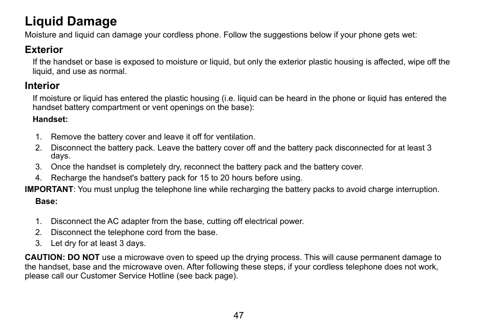 Liquid damage, Exterior, Interior | Liquid.damage | Uniden DCT736 User Manual | Page 47 / 56