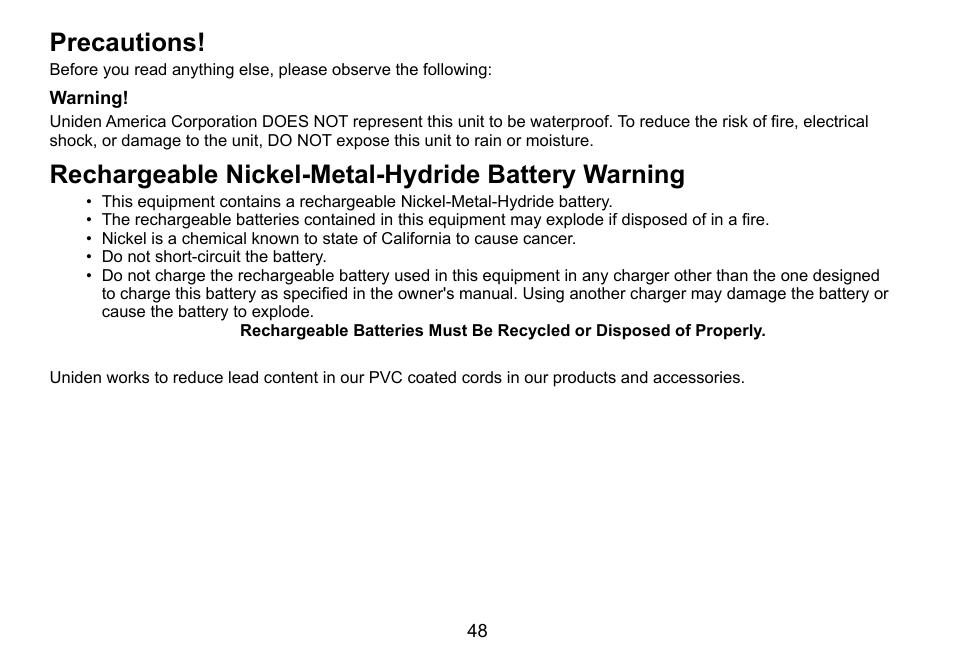 Precautions, Warning, Rechargeable nickel-metal-hydride battery warning | Rechargeable.nickel-metal-hydride, Battery.warning, Rechargeable.nickel-metal-hydride.battery.warning | Uniden DCT736 User Manual | Page 48 / 56