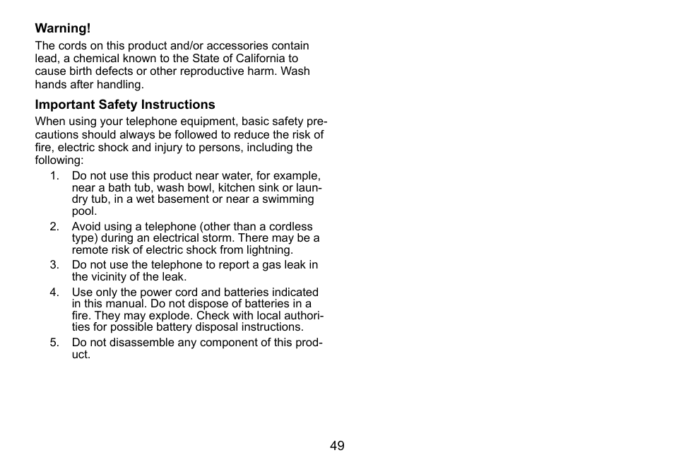 Warning, Important safety instructions | Uniden DCT736 User Manual | Page 49 / 56