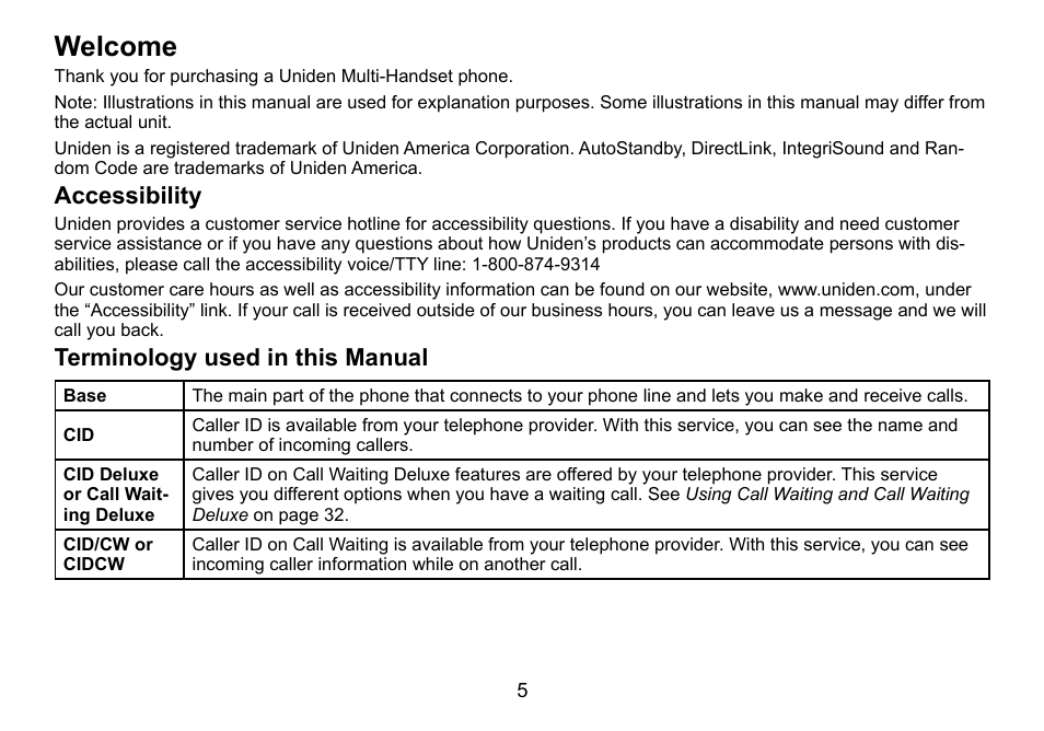 Welcome, Accessibility, Terminology used in this manual | Accessibility terminology.used.in.this.manual | Uniden DCT736 User Manual | Page 5 / 56