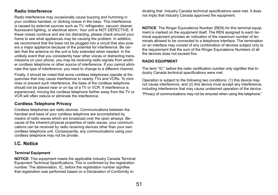 Cordless telephone privacy, I.c. notice, Terminal equipment | I.c..notice | Uniden DCT736 User Manual | Page 51 / 56