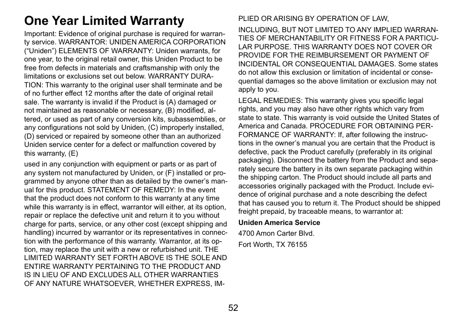 One year limited warranty, One.year.limited.warranty | Uniden DCT736 User Manual | Page 52 / 56