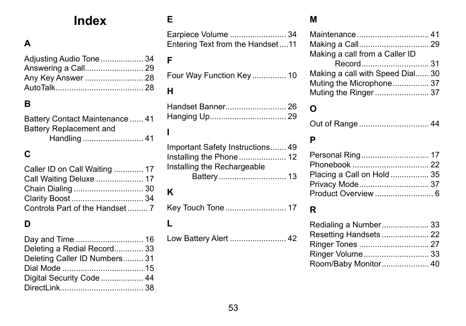 Index | Uniden DCT736 User Manual | Page 53 / 56