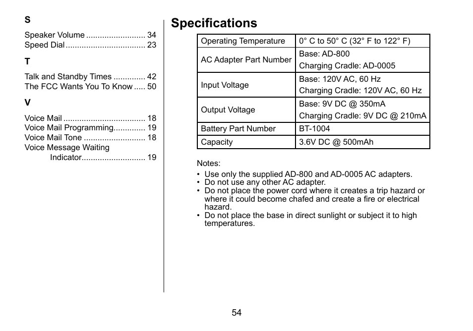 Specifications | Uniden DCT736 User Manual | Page 54 / 56