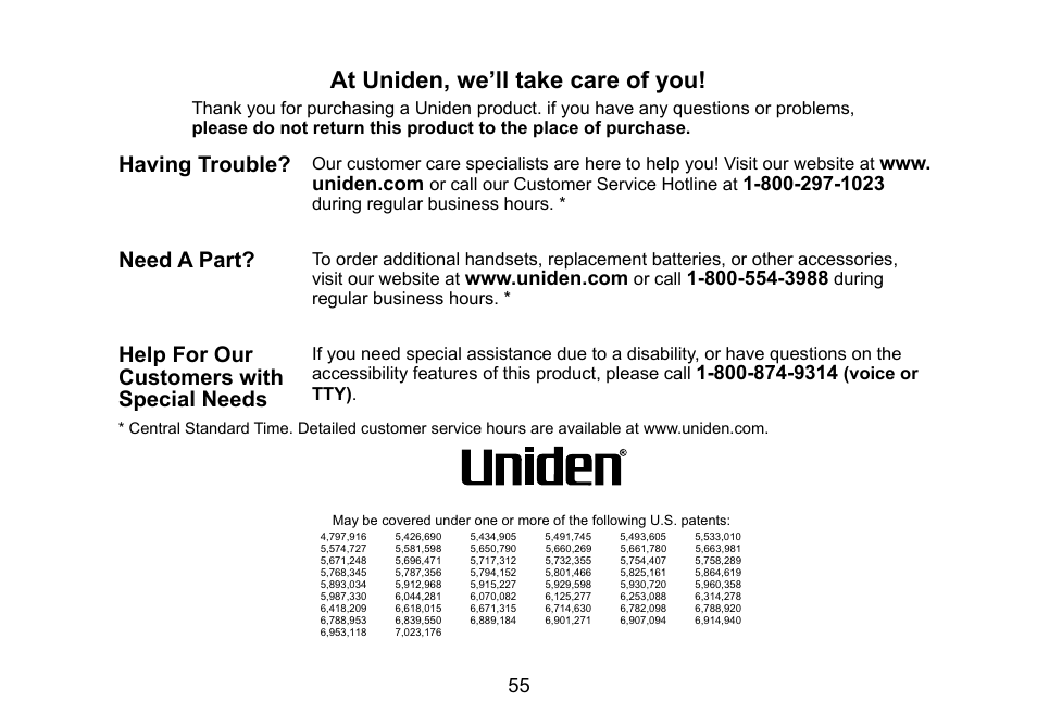At uniden, we’ll take care of you, At.uniden,.we’ll.take.care.of.you, Having.trouble | Need.a.part, Help.for.our. customers.with. special.needs, Or.call.our.customer.service.hotline.at, During.regular.business.hours, Or.call, During. regular.business.hours, Voice.or. tty) | Uniden DCT736 User Manual | Page 55 / 56