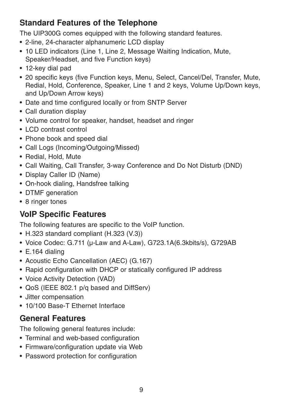 Standard features of the telephone, Voip specific features, General features | Uniden UIP300G User Manual | Page 11 / 77