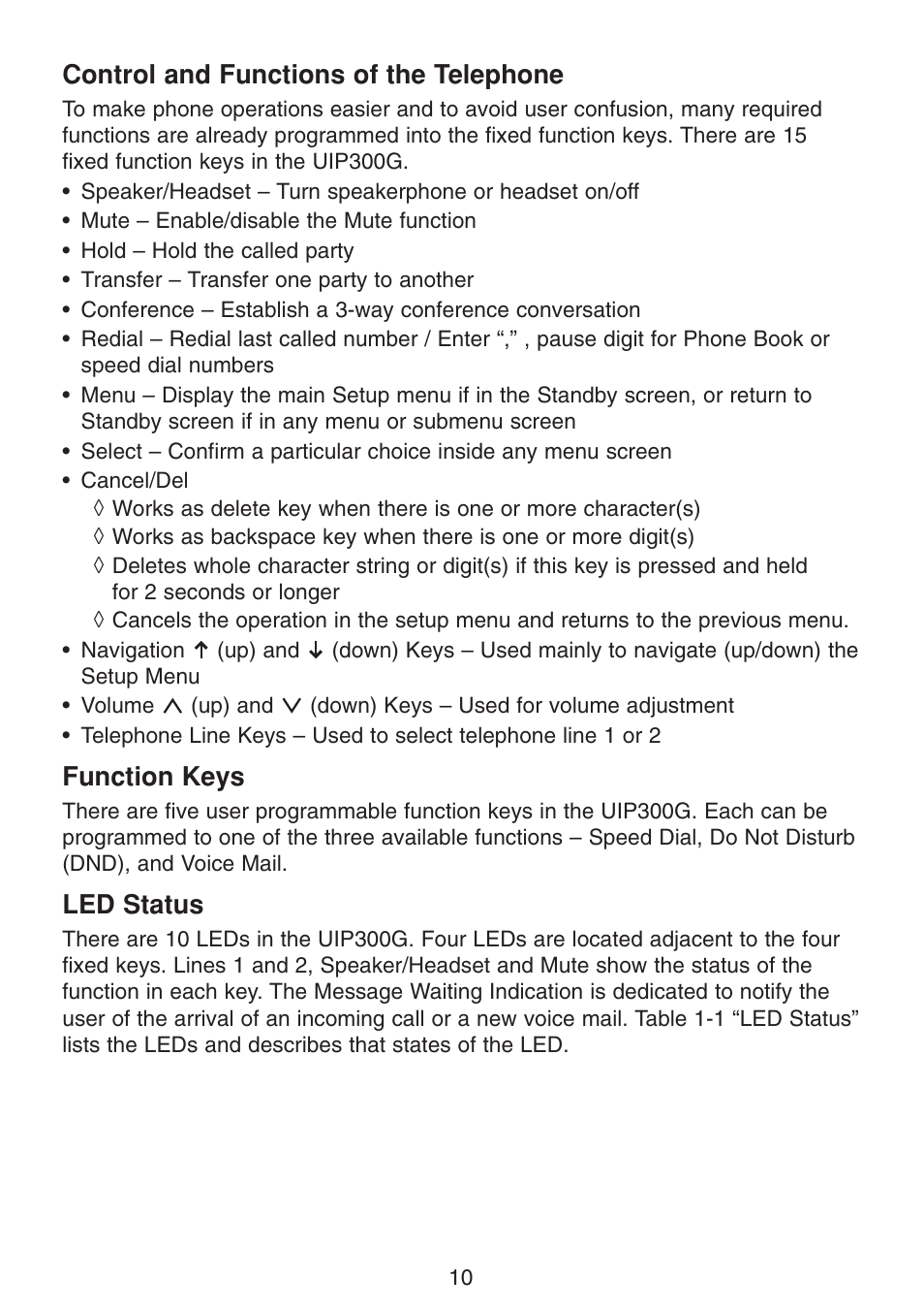 Control and functions of the telephone, Function keys, Led status | Uniden UIP300G User Manual | Page 12 / 77