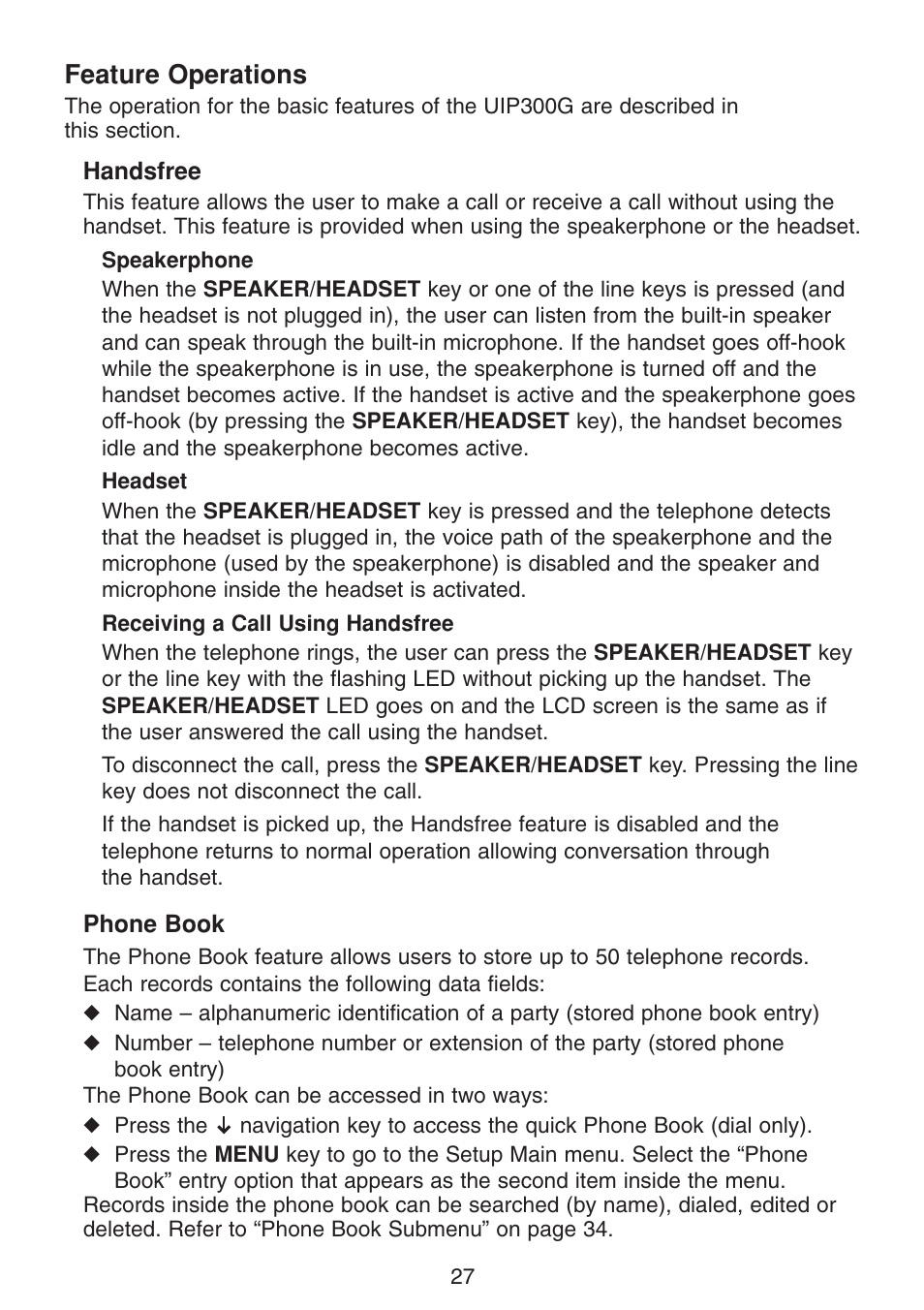 Feature operations, Handsfree, Phone book | Uniden UIP300G User Manual | Page 29 / 77