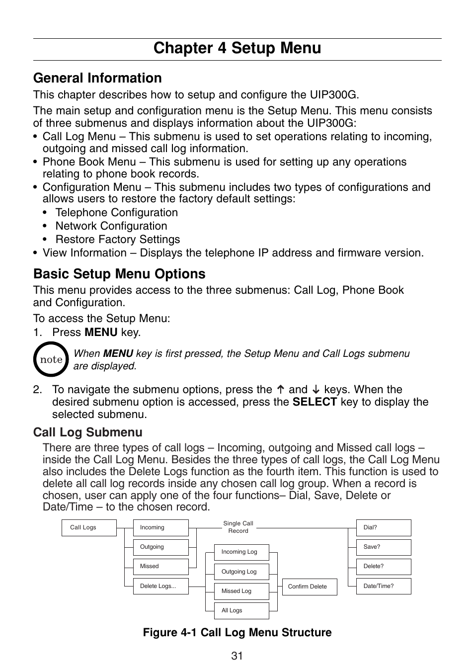 Chapter 4 setup menu, General information, Basic setup menu options | Call log submenu, Figure 4-1 call log menu structure | Uniden UIP300G User Manual | Page 33 / 77