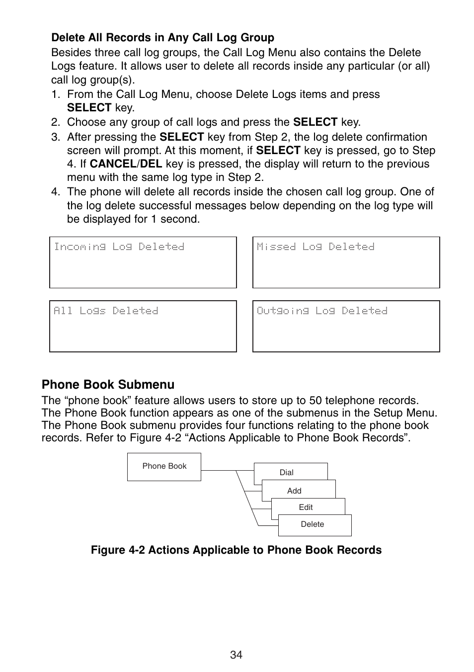 Delete all records in any call log group, Phone book submenu | Uniden UIP300G User Manual | Page 36 / 77