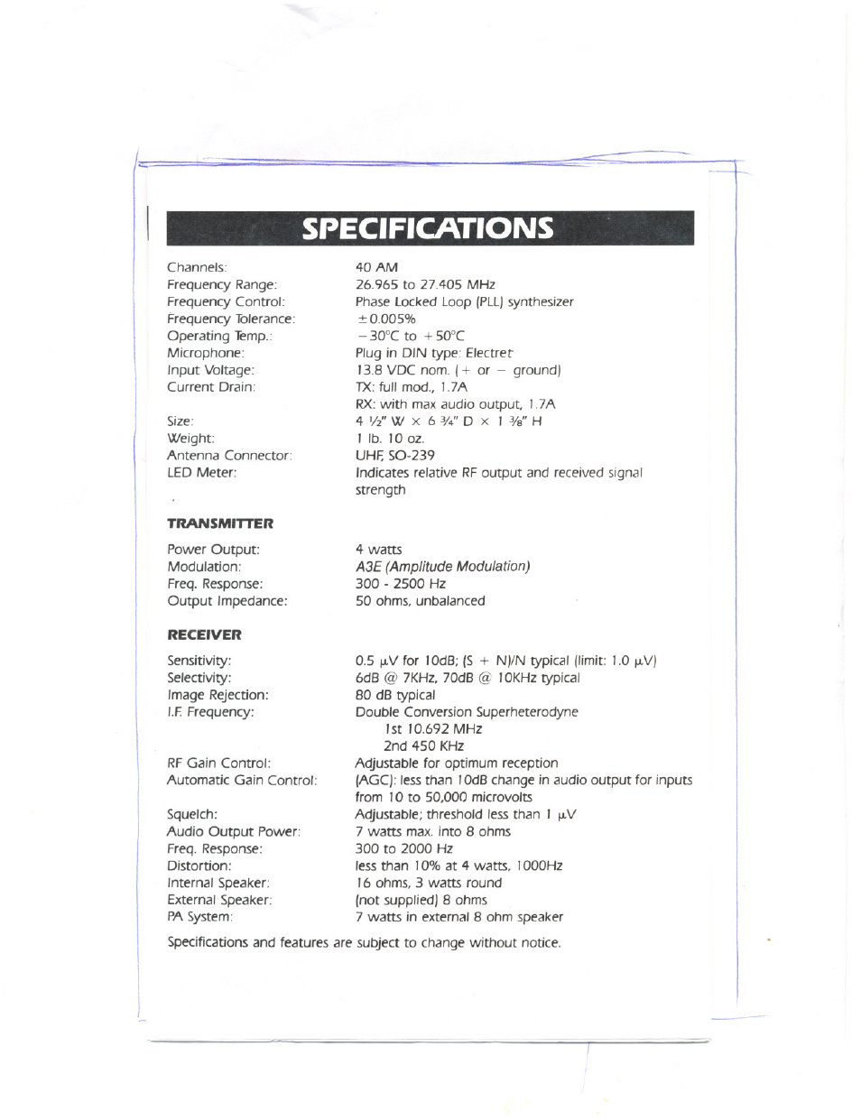 Specifications | Uniden PRO520E User Manual | Page 4 / 6