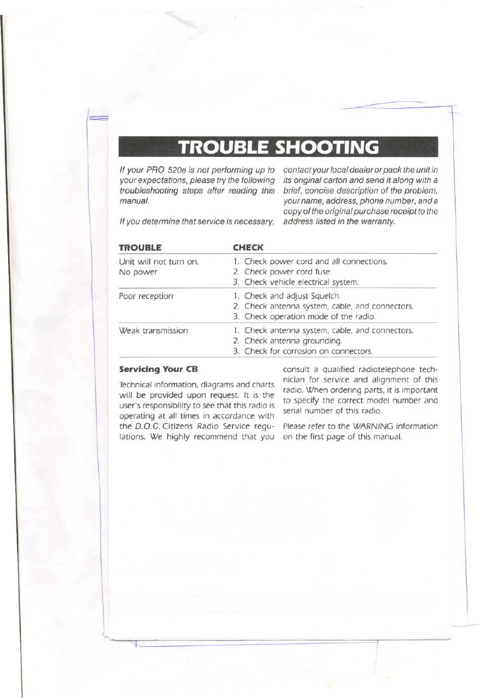 Trouble shooting | Uniden PRO520E User Manual | Page 5 / 6