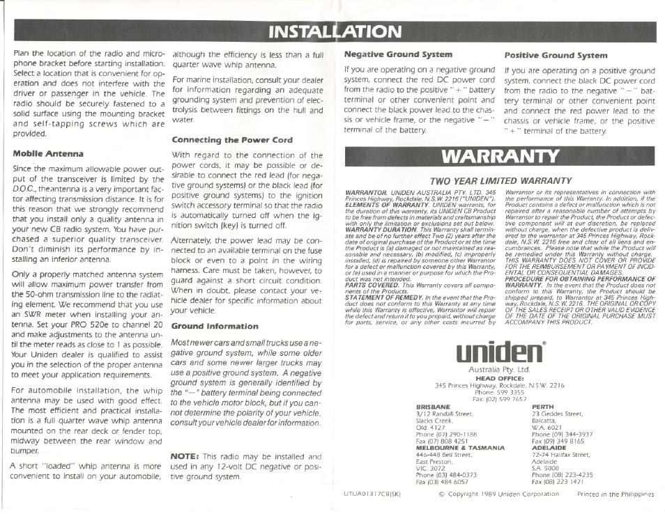 Uniden, Warranty, Installation | Uniden PRO520E User Manual | Page 6 / 6