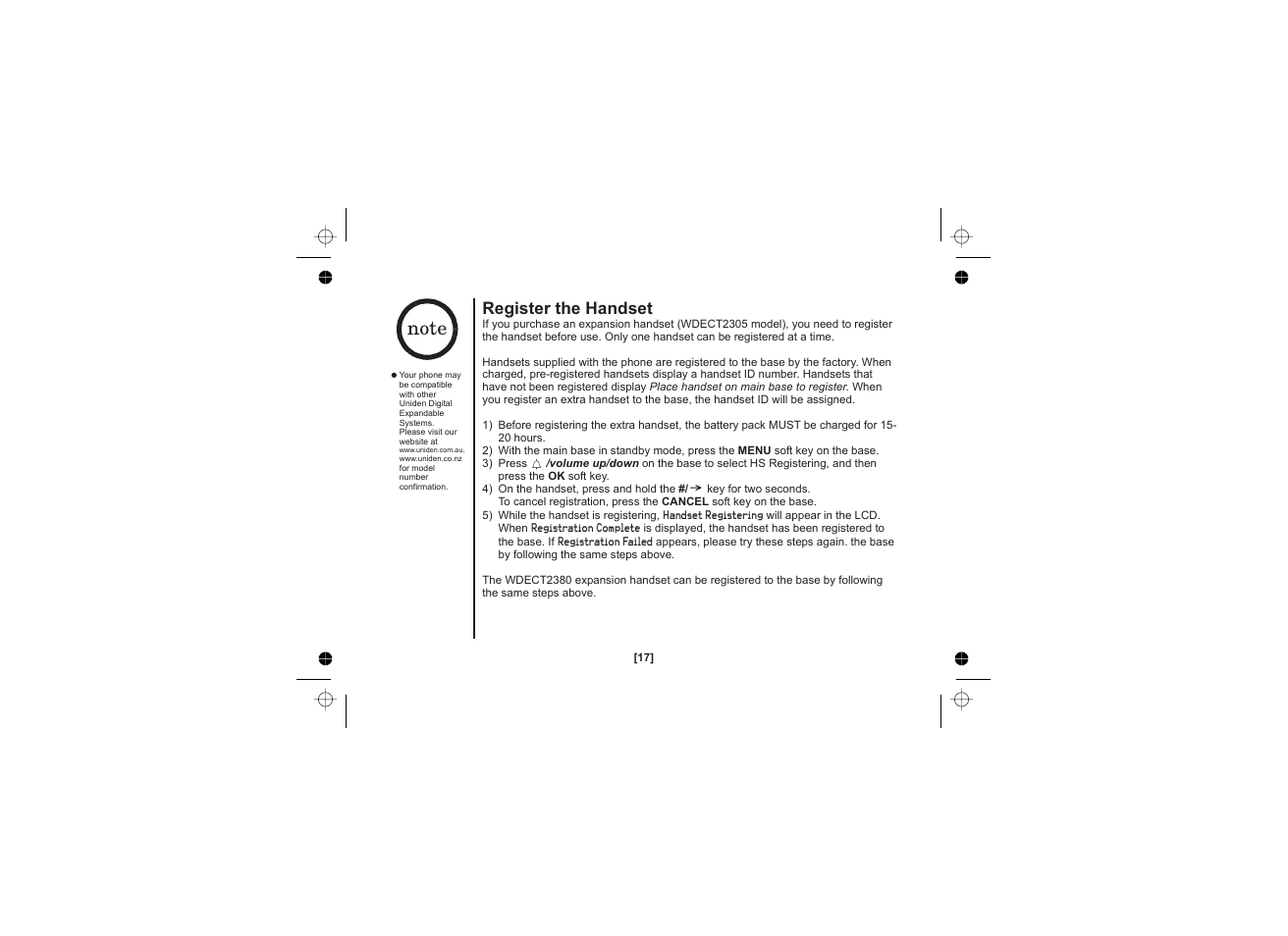 Register the handset | Uniden WDECT 2345+1 User Manual | Page 18 / 92