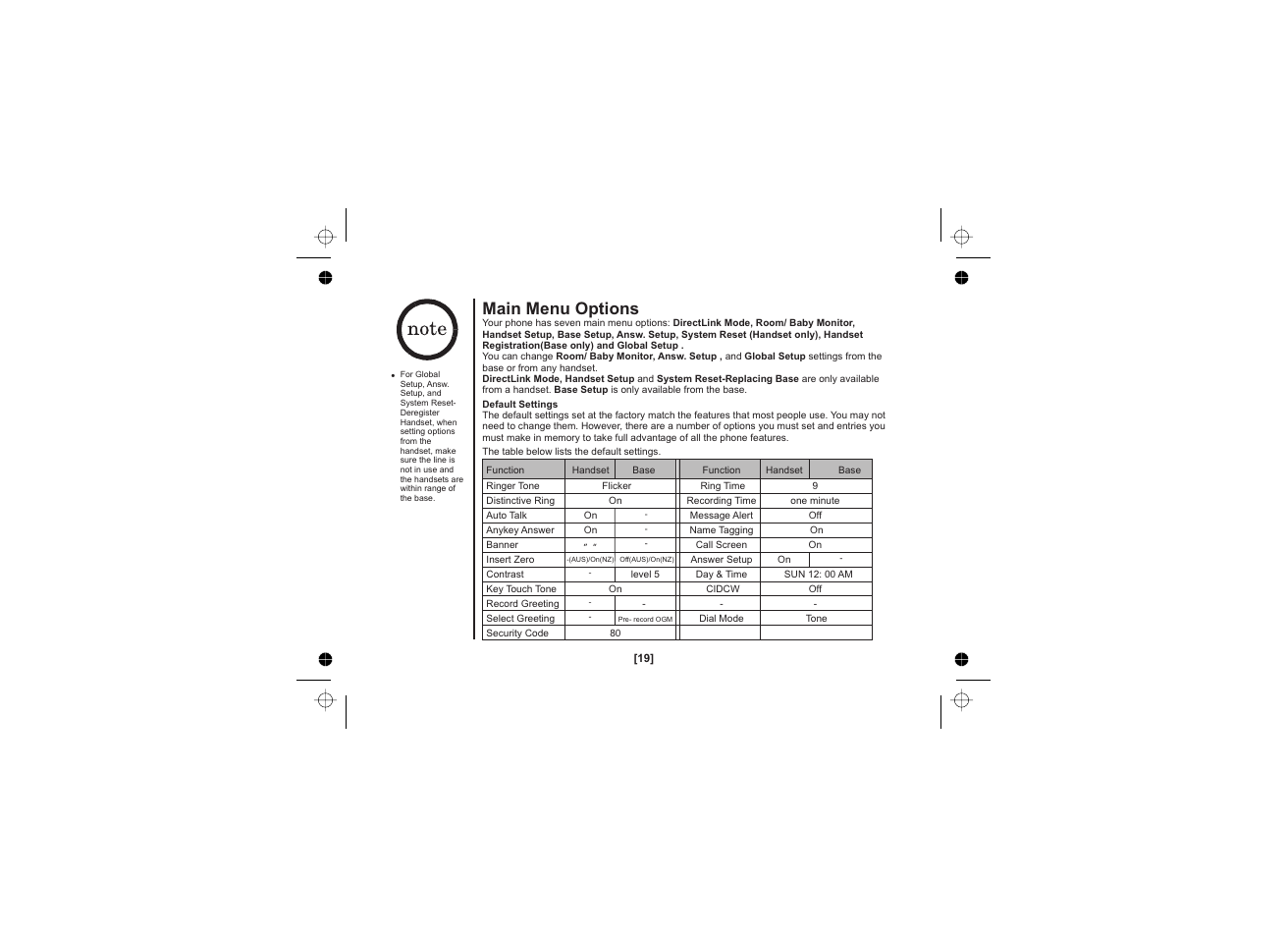 Main menu options | Uniden WDECT 2345+1 User Manual | Page 20 / 92