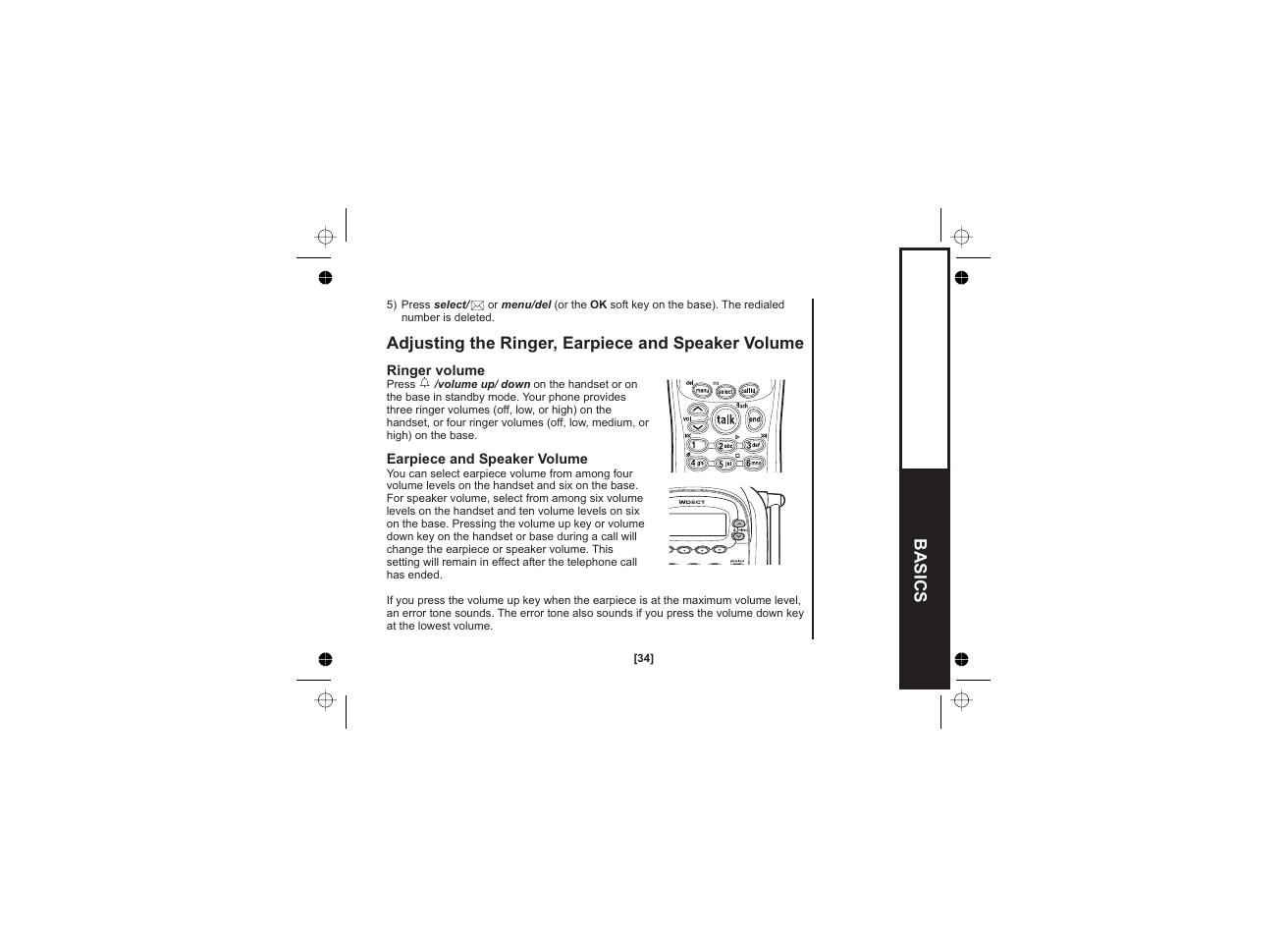 Adjusting the ringer, earpiece and speaker volume, Basics | Uniden WDECT 2345+1 User Manual | Page 35 / 92
