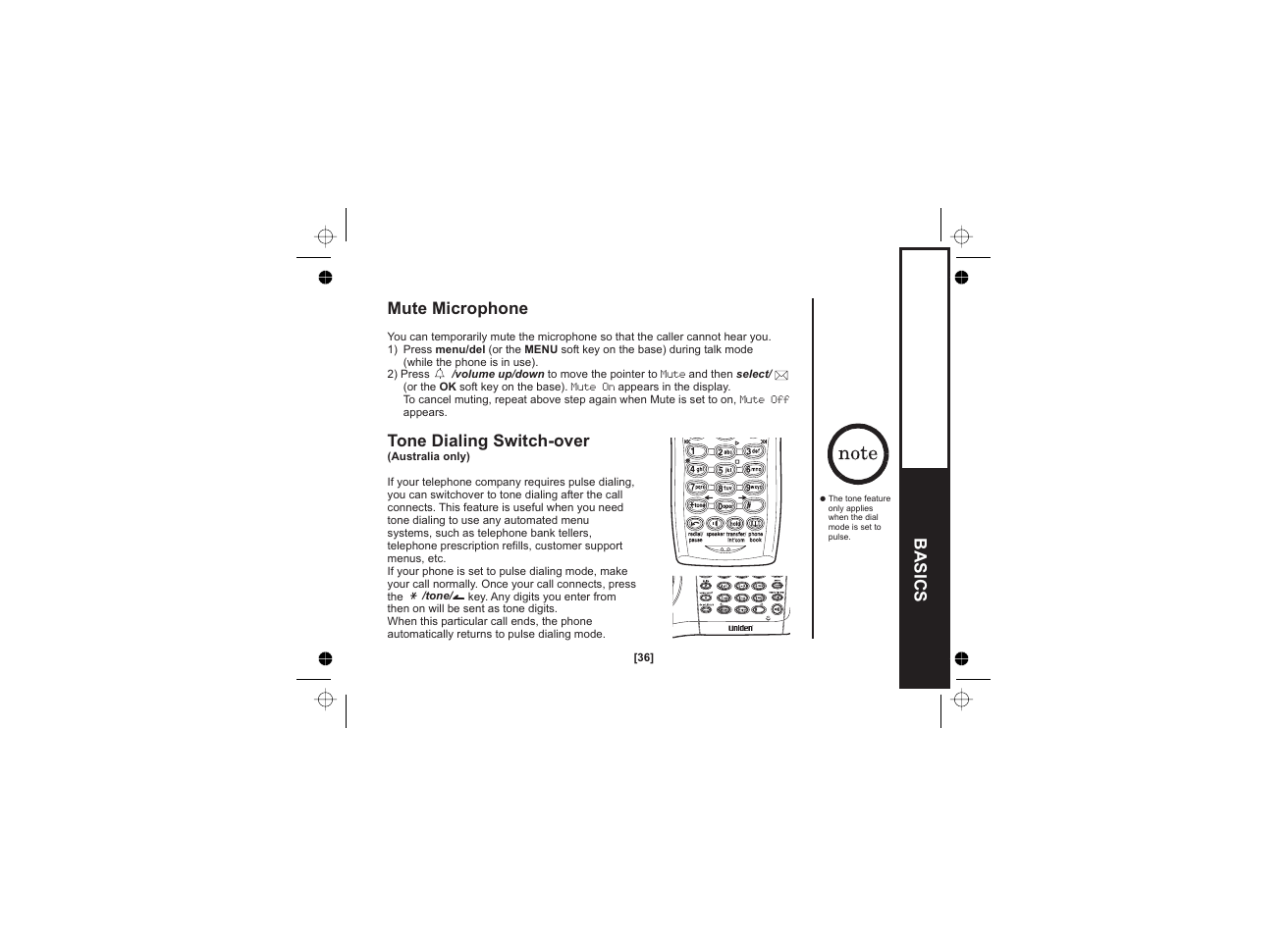 Basics mute microphone tone dialing switch-over | Uniden WDECT 2345+1 User Manual | Page 37 / 92